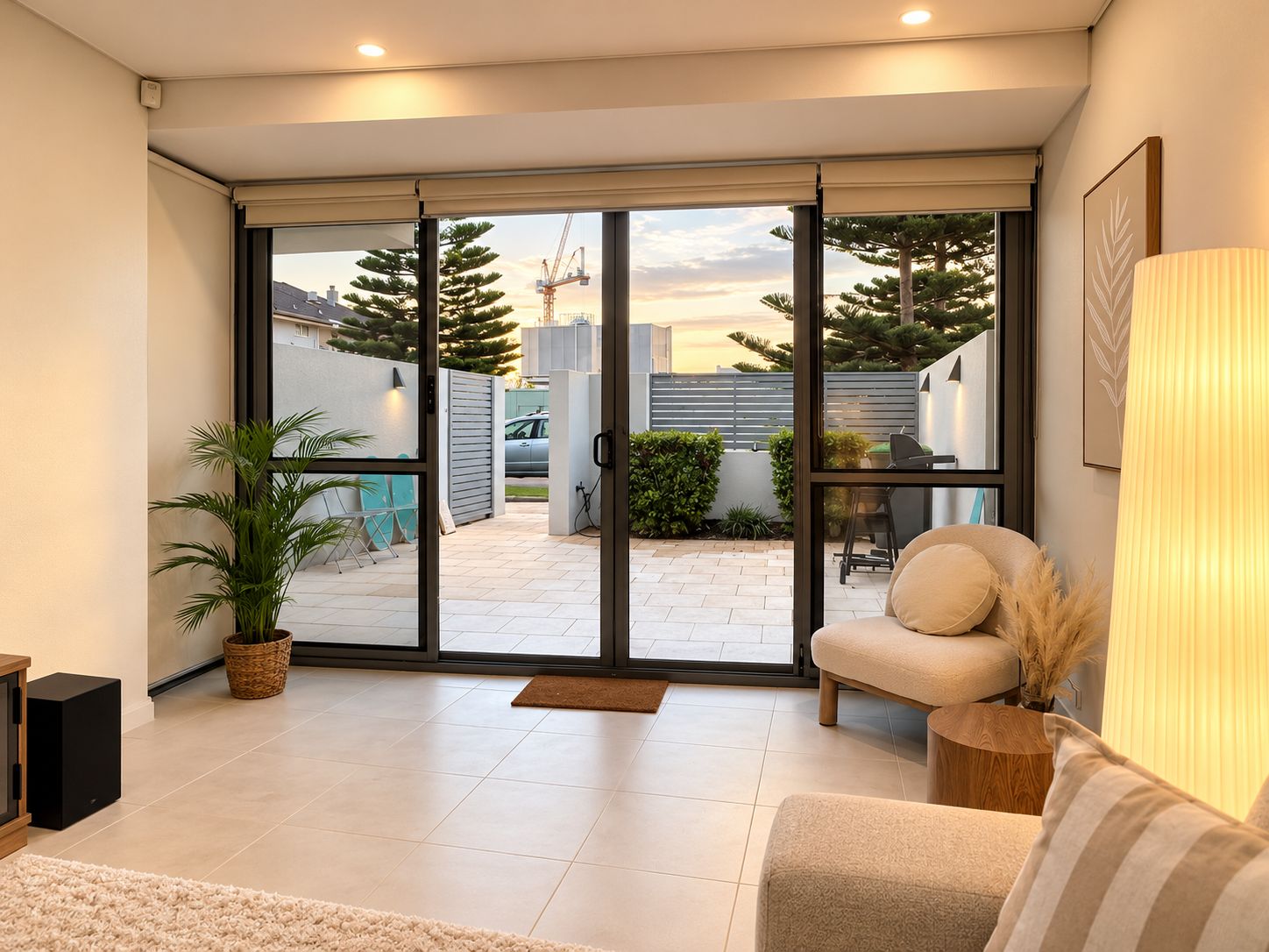 A modern living room with a sliding glass door leading to an outdoor patio area.