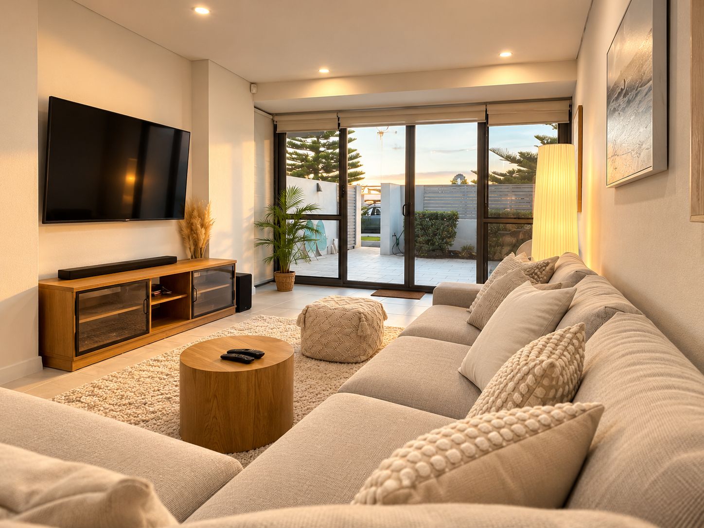 A modern living room with a large flat-screen TV, a wooden entertainment unit, a beige sofa, and a glass door leading to an outdoor area.
