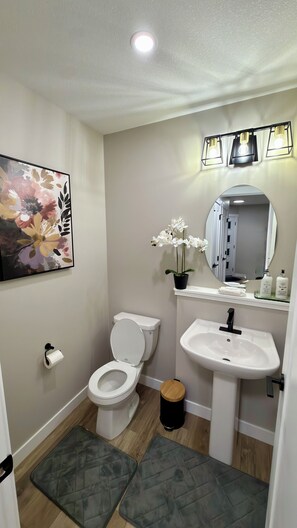 Een badkamer met toilet, wastafel, spiegel en een bloemschilderij aan de muur.
