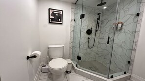 A modern bathroom with a glass-enclosed shower, a toilet, and a framed artwork on the wall.