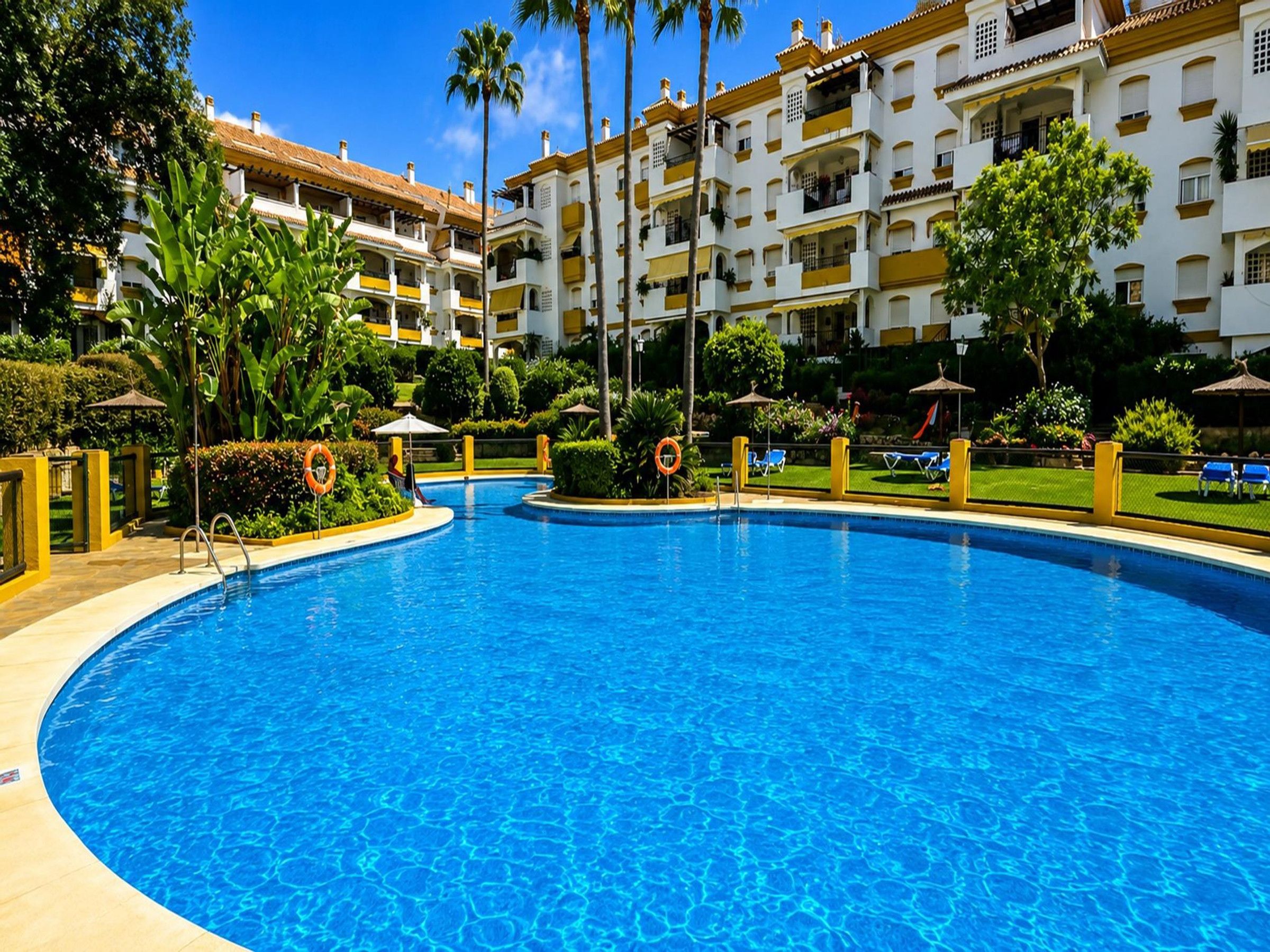 A swimming pool surrounded by a landscaped area with palm trees and a multi-story building in the background.
