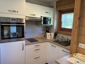 A modern kitchen with white cabinets, stainless steel appliances, a microwave, and a window with a view of greenery. - Cozy studio - 4 guests, slopeside (Les Carroz d'Arâches)