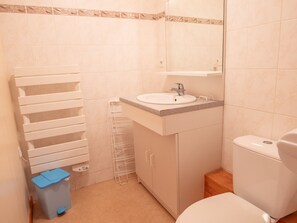 A bathroom with a toilet, sink, and mirror. There is a towel rack and a trash bin. - Quiet apartment by the forest - 4/6 guests (Villarodin-Bourget)