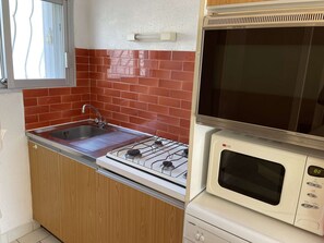 Une cuisine de taille réduite équipée d’une cuisinière à gaz, d’un four à micro-ondes et d’un évier.