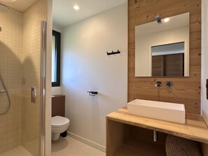 A modern bathroom with a glass-enclosed shower, a white toilet, and a wooden vanity with a large mirror. - Modern house in village center - 12 guests (Villard-de-Lans)