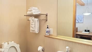 A bathroom with a toilet, sink, towel rack, and a mirror with lights.