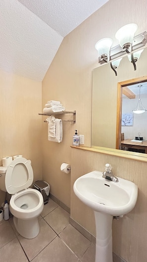 A bathroom with a toilet, sink, towel rack, and a mirror with lights. - 2-Bedroom Townhouse Near Banff Gate (Harvie Heights)