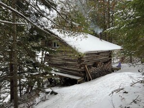 A log cabin with a snow-covered roof, surrounded by trees.