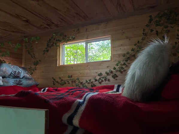 A cabin interior with a bed, a window, and ivy on the walls.