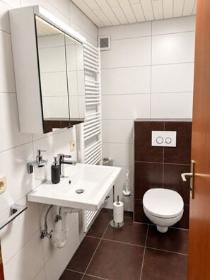 A modern bathroom with a white sink, mirror, and toilet. - Bright 1-bedroom apartment with a terrace – quiet location (Korb)