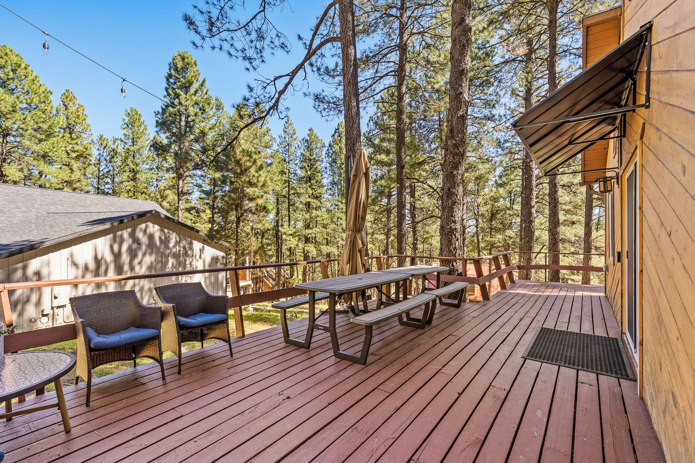 A wooden deck with picnic tables and chairs, surrounded by tall pine trees.