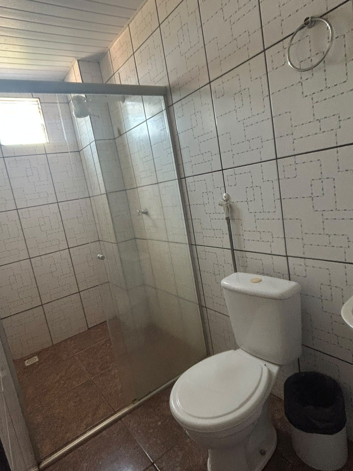 Un baño con ducha envuelta en vidrio, un inodoro y un cubo de basura.