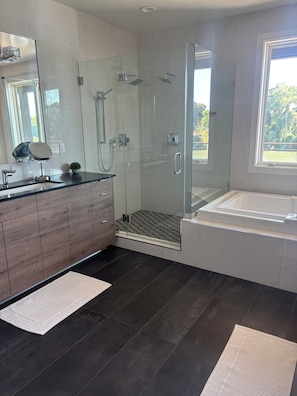 A modern bathroom with a glass-enclosed shower, a large mirror, and a bathtub. - Riverview luxury master suite only 13 minutes from the Sac International Airport (Sacramento)