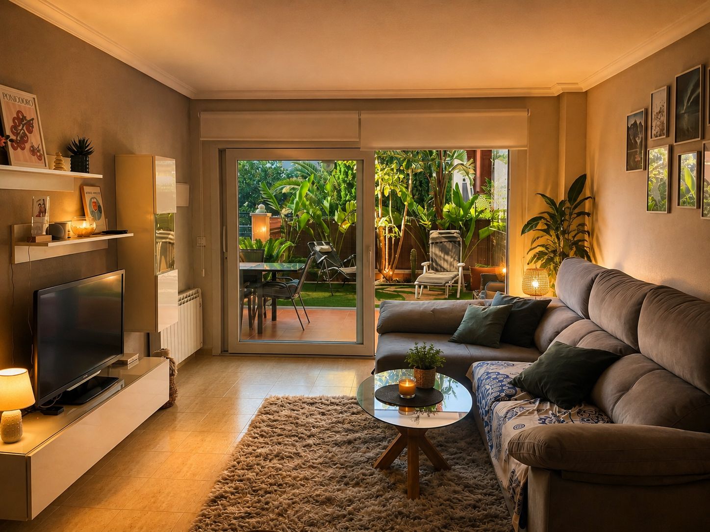 A modern living room with a television, sofa, coffee table, and a view of a lush garden through a sliding glass door.