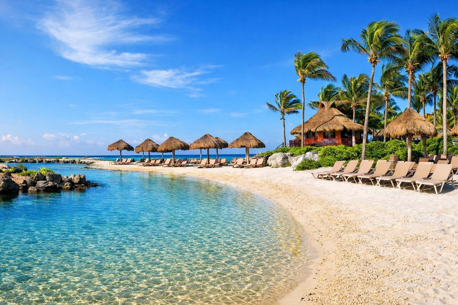 Un resort en la playa con aguas turquesas cristalinas, sombrillas de techo de paja y palmeras.