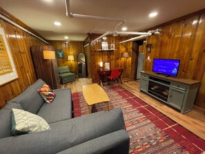 A cozy living room with a sofa, a television, and a patterned rug. - Cozy Hyde Park Greystone Garden-Level Suite near Obama Presidential Center (Chicago)