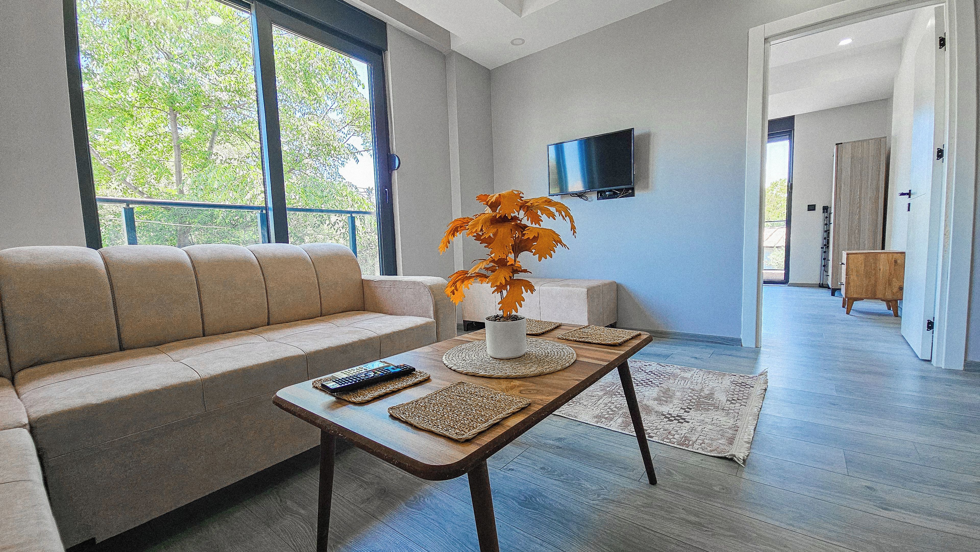 Una sala de estar con un sofá, una mesa de centro con controles remotos, una planta en maceta y un televisor en la pared.