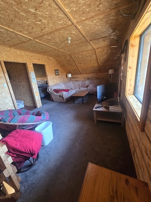 A room with a wooden ceiling, a sofa, a television, and a window. - Rustic 3-Bedroom Off-Grid Cabin at the Base of Electric Mountain (Paonia)
