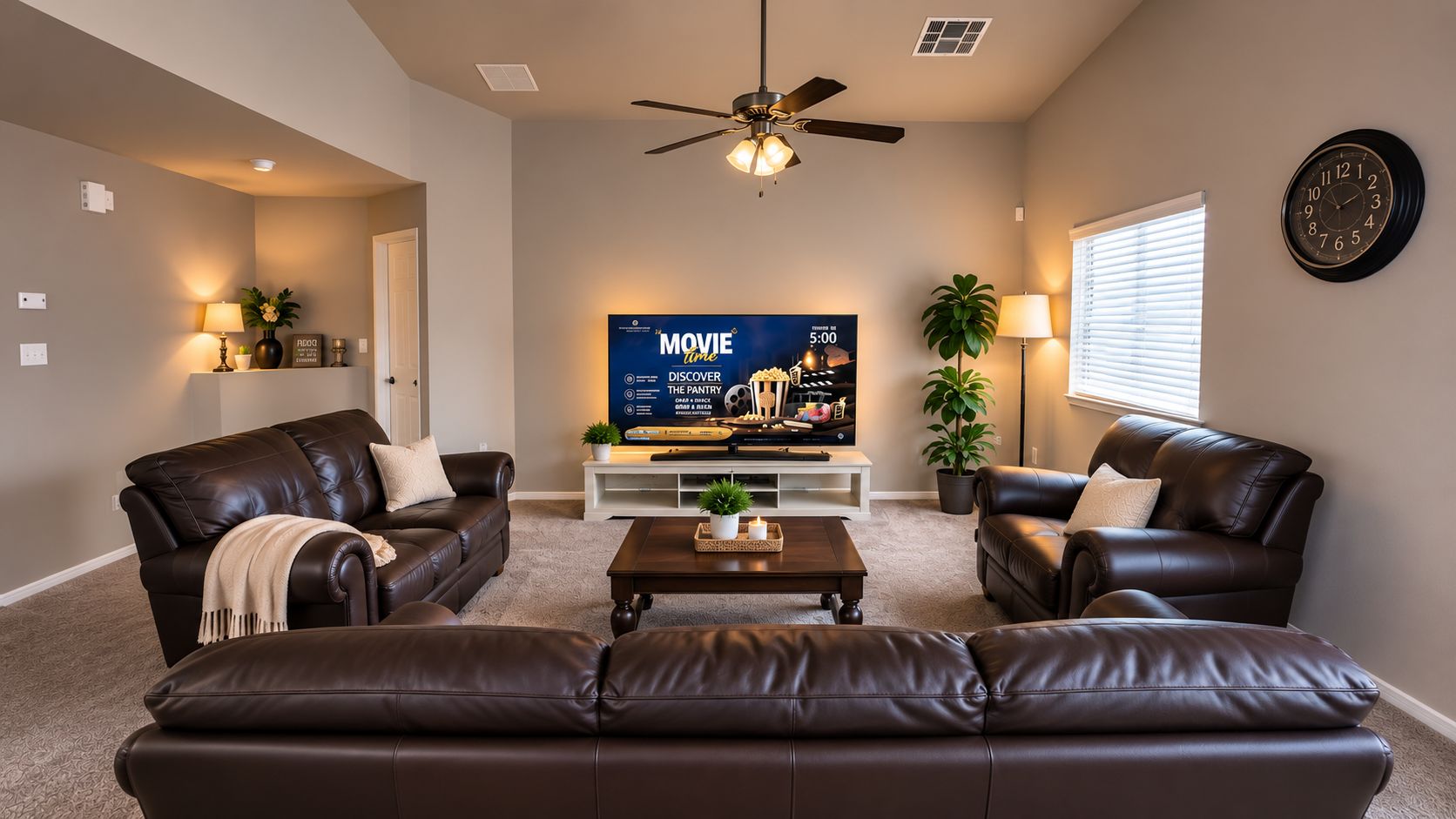 A living room with a flat-screen TV, leather sofas, a coffee table, and a ceiling fan.