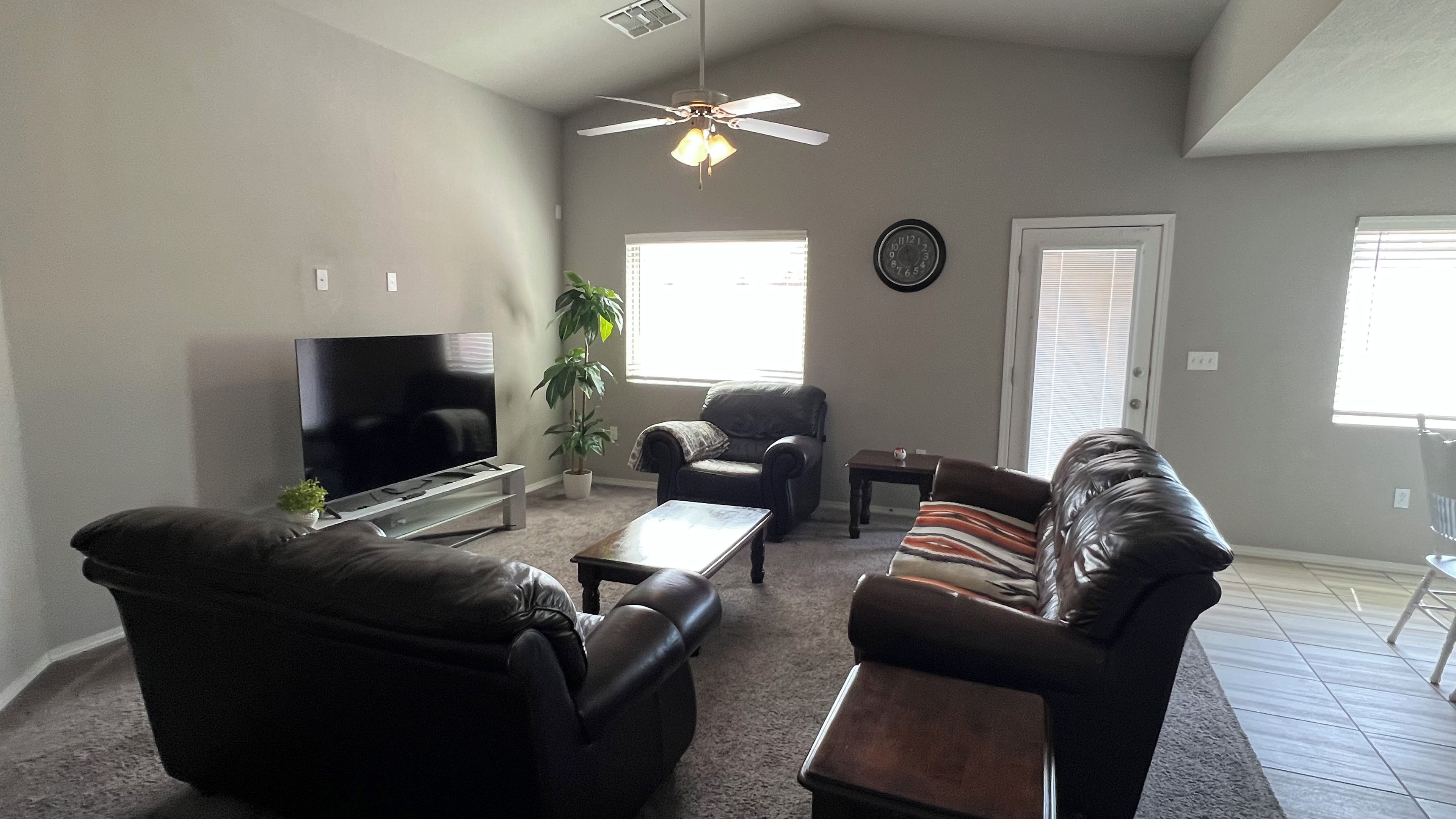 A living room with a flat-screen TV, leather sofas, a coffee table, a ceiling fan, and a potted plant.
