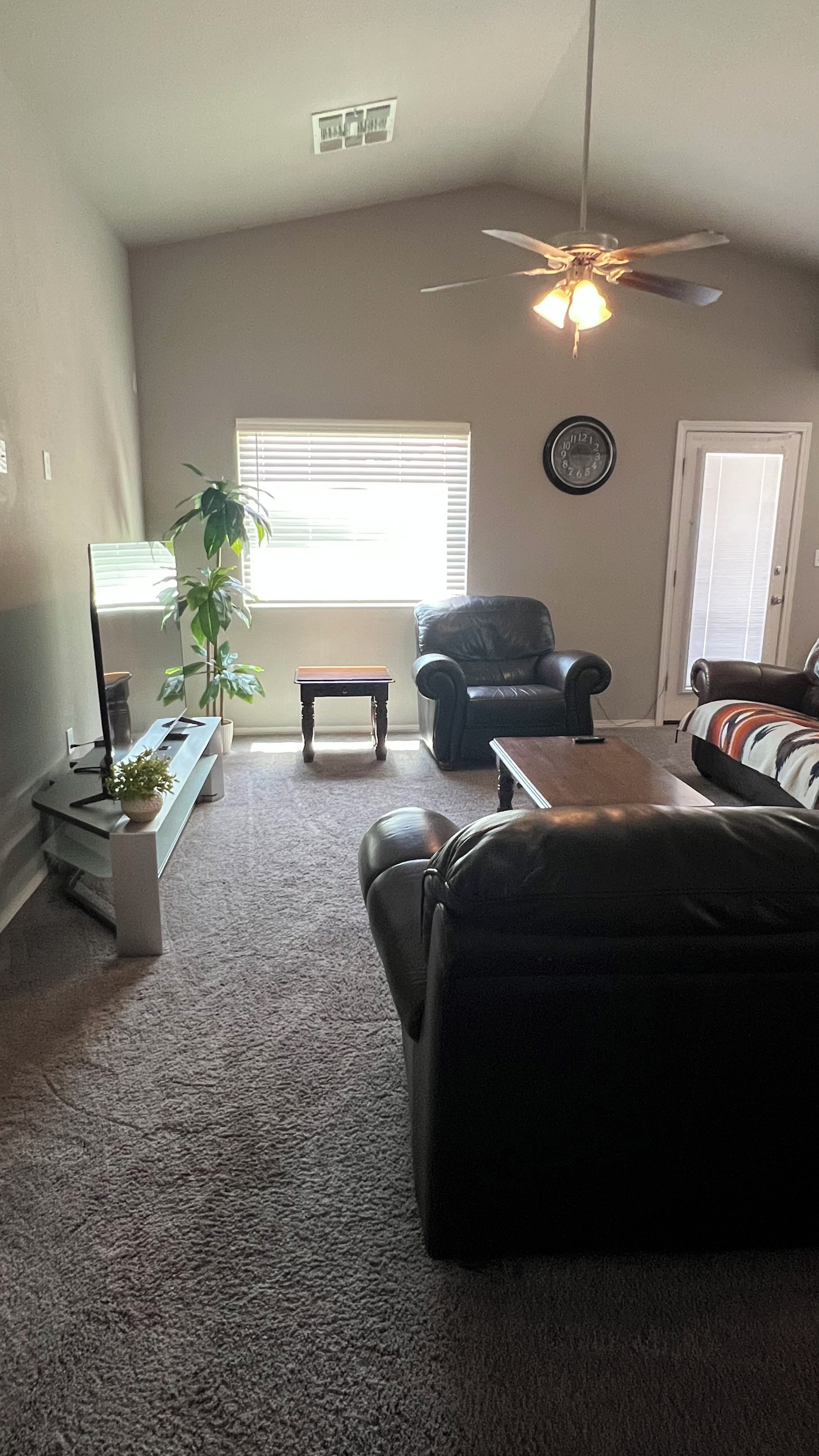 A living room with a ceiling fan, a sofa, a chair, a coffee table, a TV, and a plant.