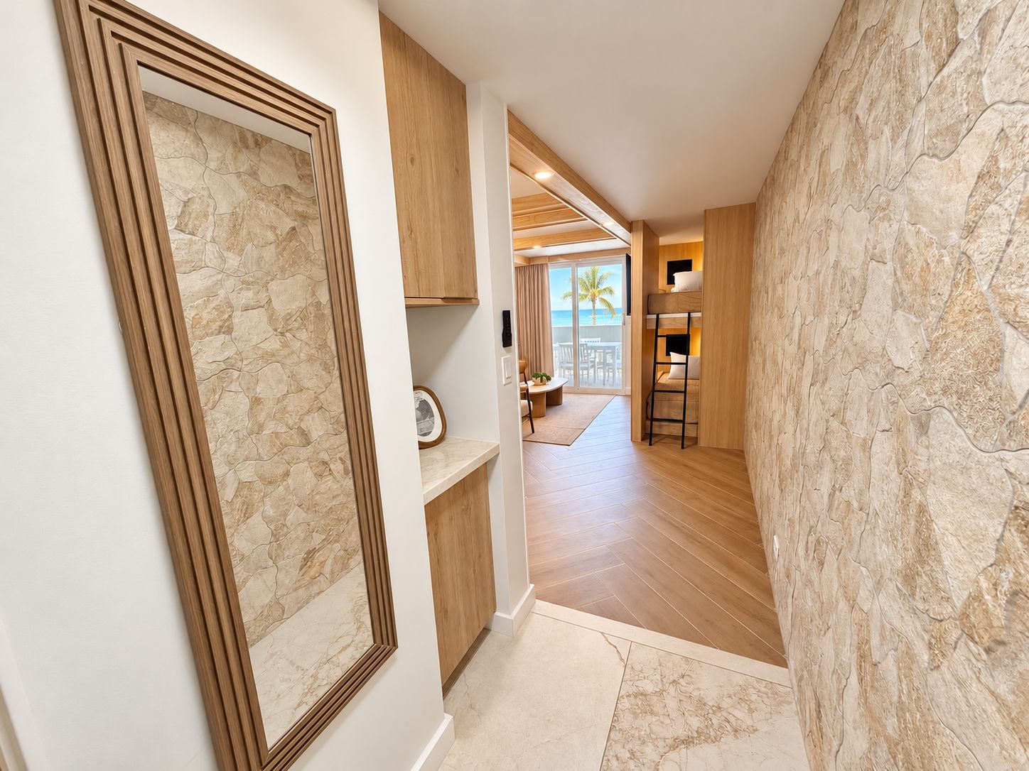 A hallway with a stone wall, wooden flooring, and a view of a balcony with a palm tree.