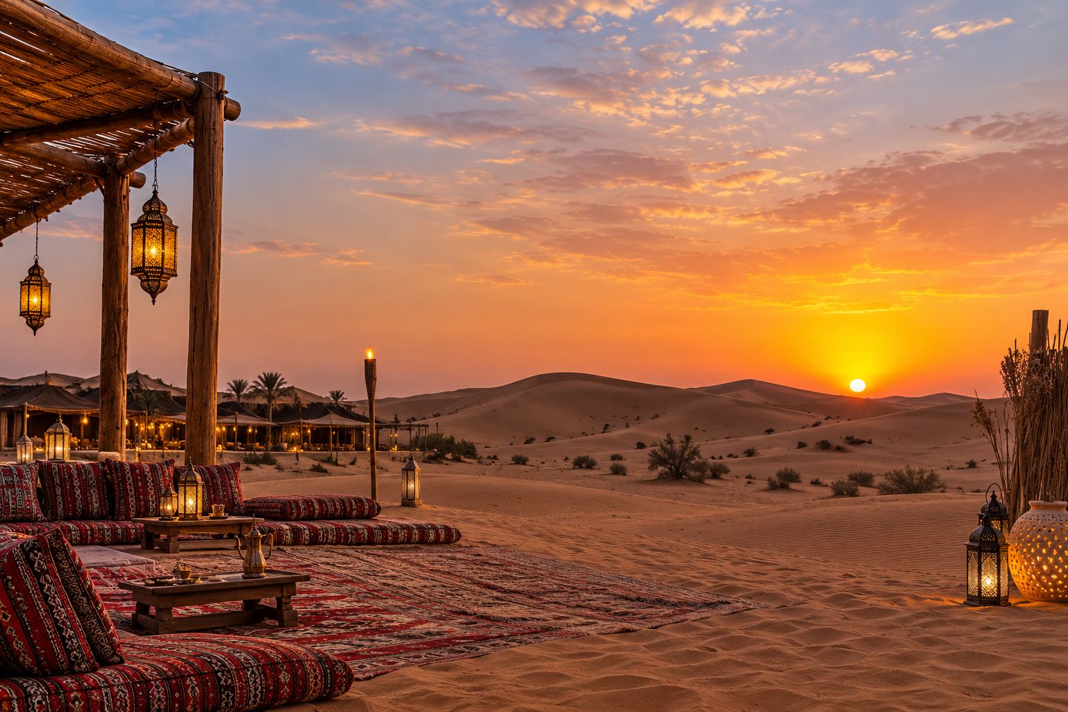 A desert landscape with a sunset, a seating area with patterned cushions, and traditional lanterns.