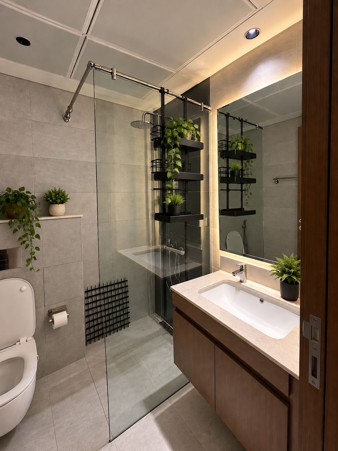 Un baño moderno con cabina de ducha de vidrio, lavamanos blanco y varios estantes con plantas en macetas.