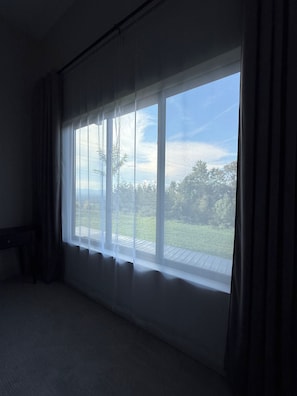 Une pièce dotée d’une grande fenêtre, d’un rideau sombre et offrant une vue sur un paysage verdoyant.