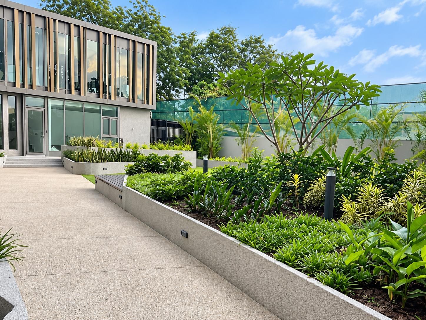 Ein modernes Gebäude mit großen Fenstern und einem angelegten Garten mit verschiedenen Pflanzen.