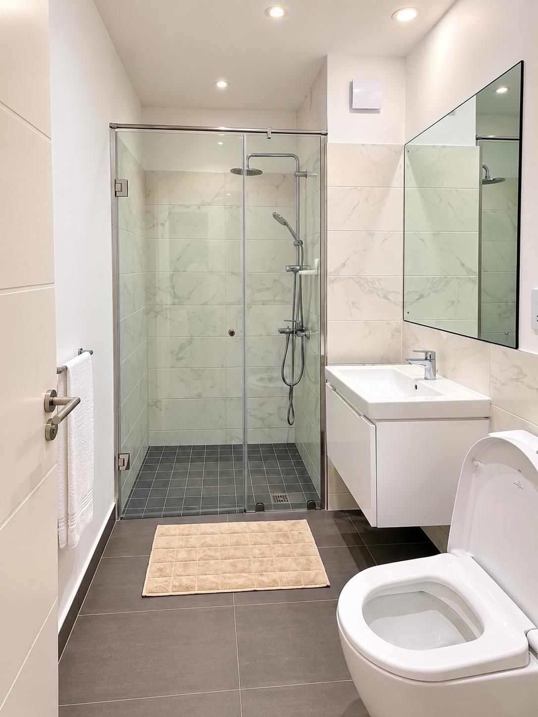 Une salle de bain moderne avec une douche à parois de verre, un lavabo blanc et des toilettes.