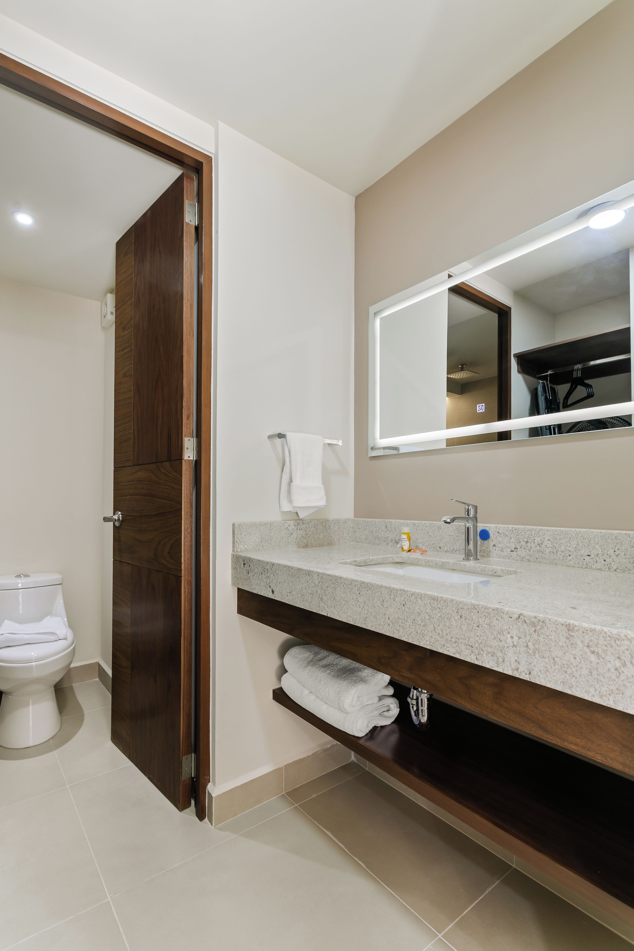 Ein Badezimmer mit Holztür, Toilette in Weiß, Waschbecken mit Spiegel und Handtuchhalter.