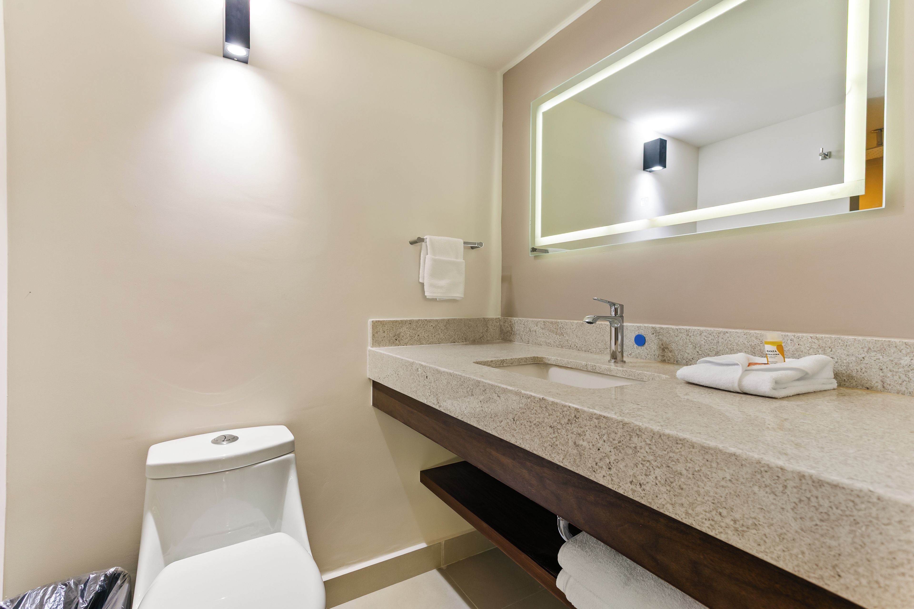 A bathroom with a toilet, sink, mirror, and towel rack.