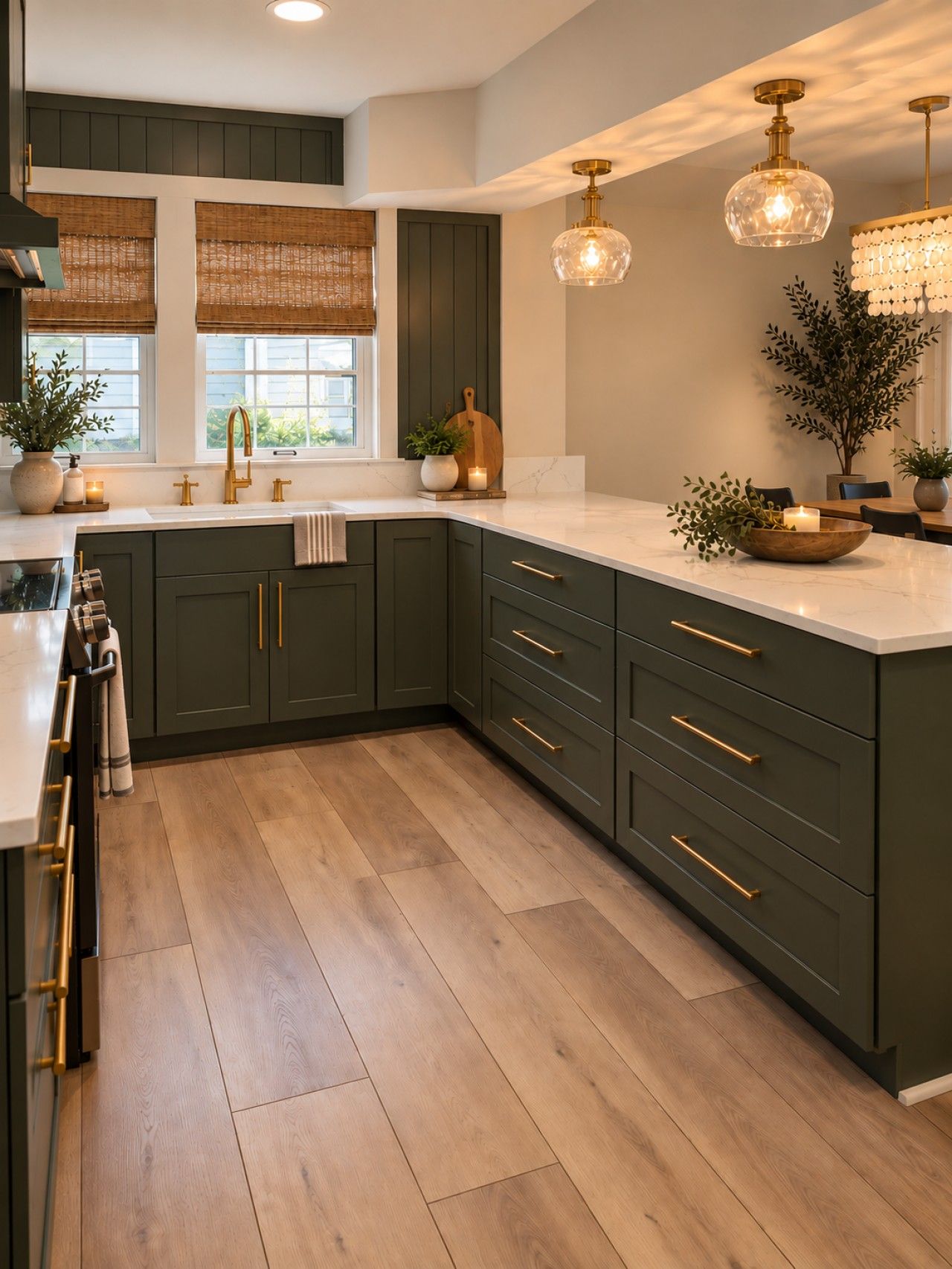 A modern kitchen with dark green cabinets, gold handles, a marble countertop, and pendant lighting.