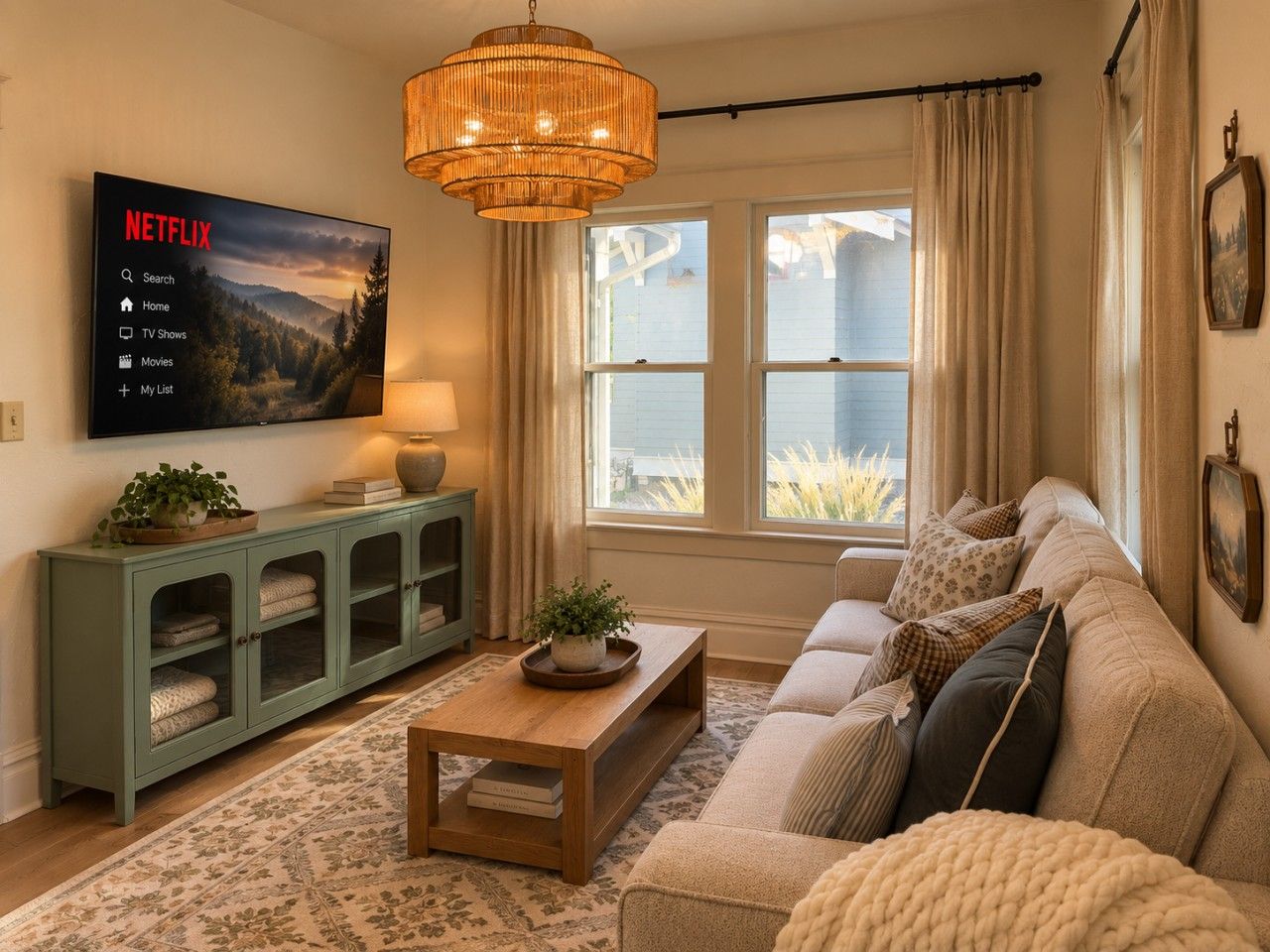 A living room with a sofa, a coffee table, a cabinet with glass doors, a television mounted on the wall, and a window with curtains.