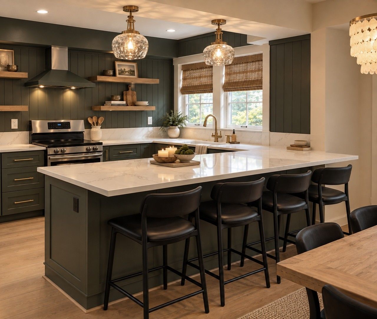 A modern kitchen with a large island, bar stools, and pendant lighting.