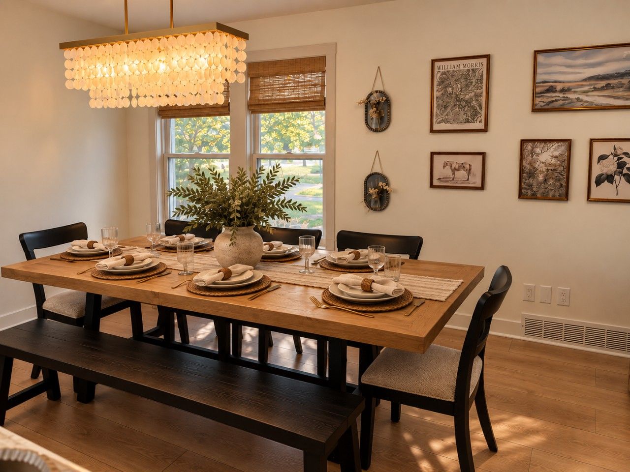 Un comedor con una mesa de madera dispuesta para seis personas, una lámpara colgante y cuadros en las paredes.