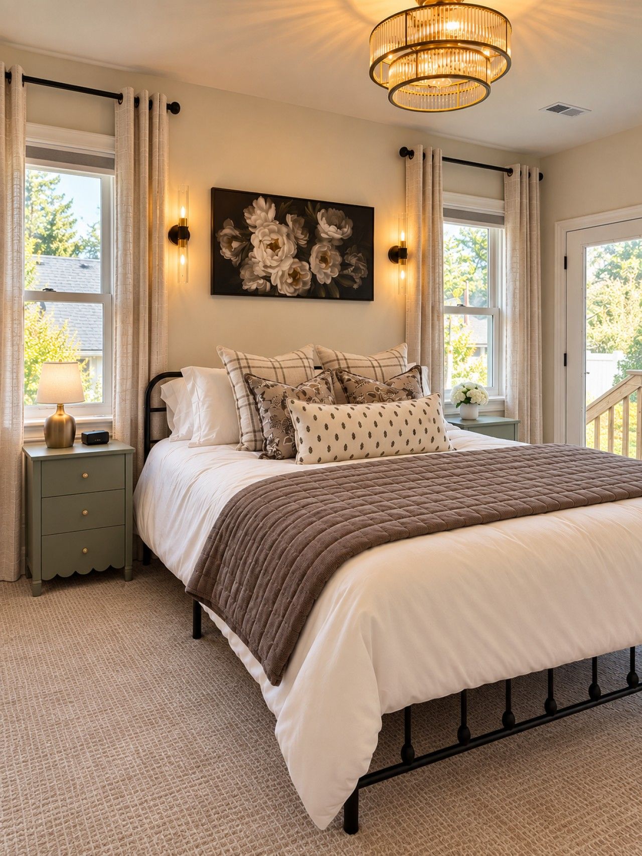 A bedroom with a bed, nightstand, lamp, wall art, and windows.