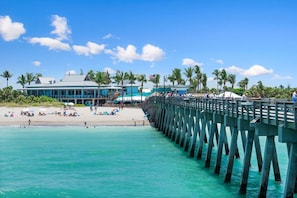 A beach with a pier extending into the water, a beach house, and palm trees. - Pool Home | Fenced Yard | 9 Min to Beach (Venice)