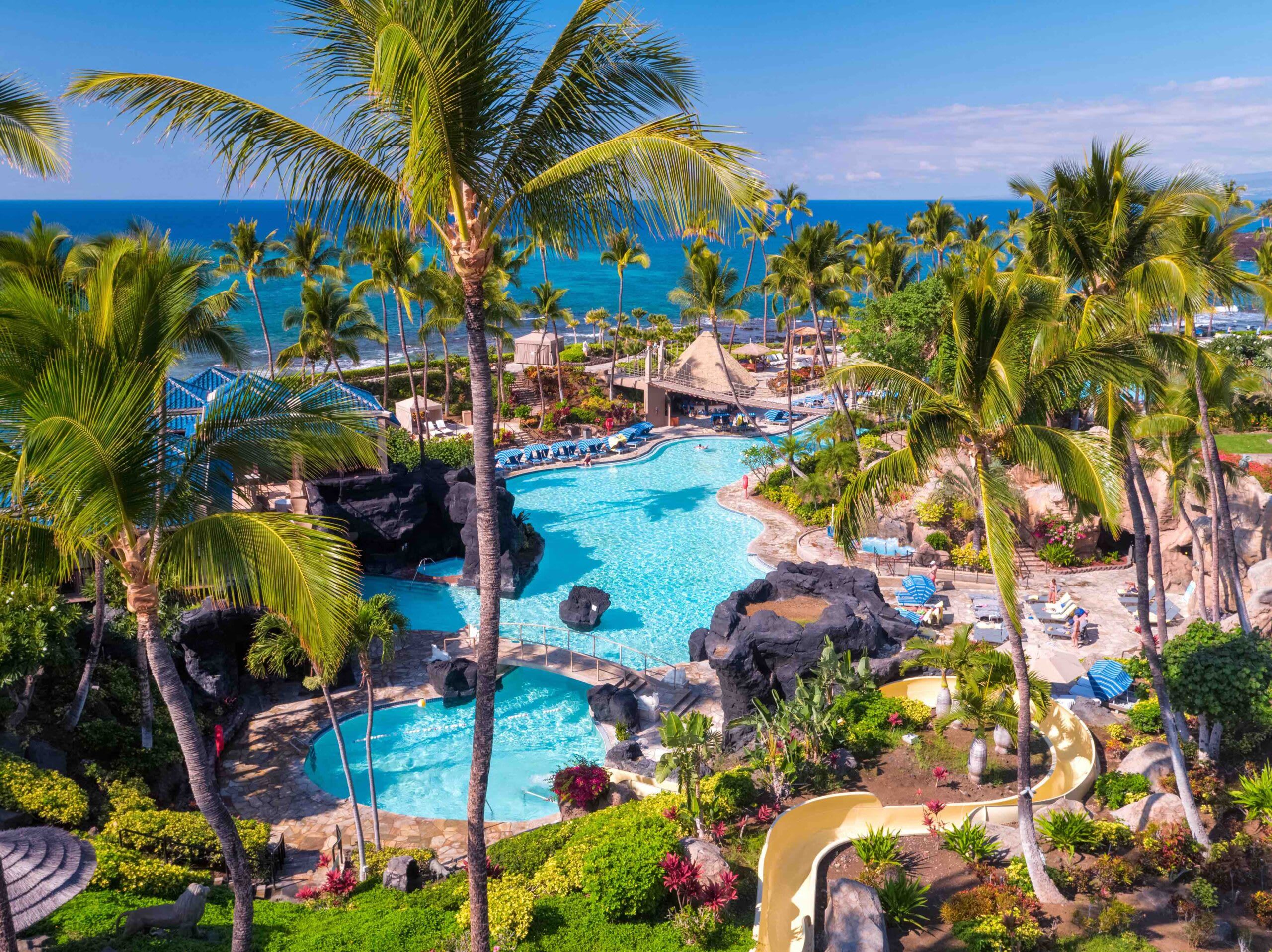 A resort with a large pool surrounded by palm trees and a view of the ocean.