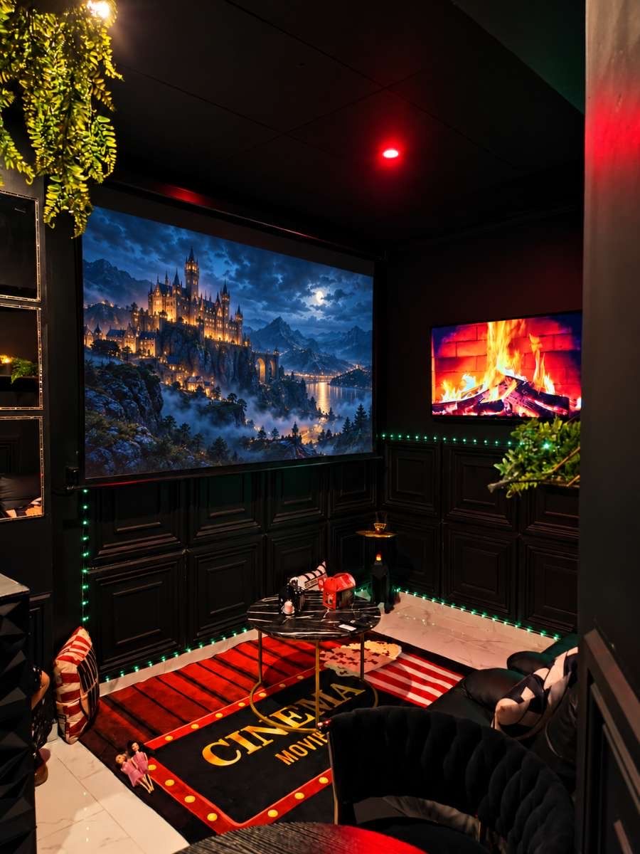 Una habitación temática de cine con una pantalla grande, asientos cómodos y una alfombra roja con el texto 'CINEMA MOVIE'.