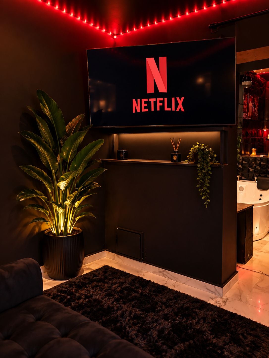 A modern living room with a large flat-screen TV displaying the Netflix logo, a potted plant, a small shelf with decorative items, and a dark-colored sofa.