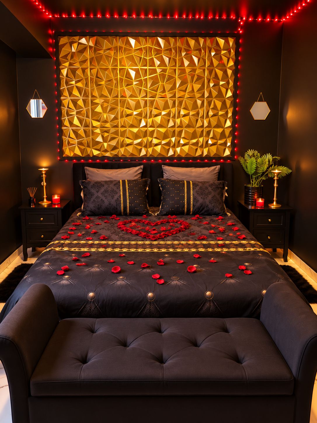 Une chambre à coucher avec une tête de lit à motifs géométriques, un lit parsemé de pétales de rose, des lampes de chevet et un canapé de couleur sombre.