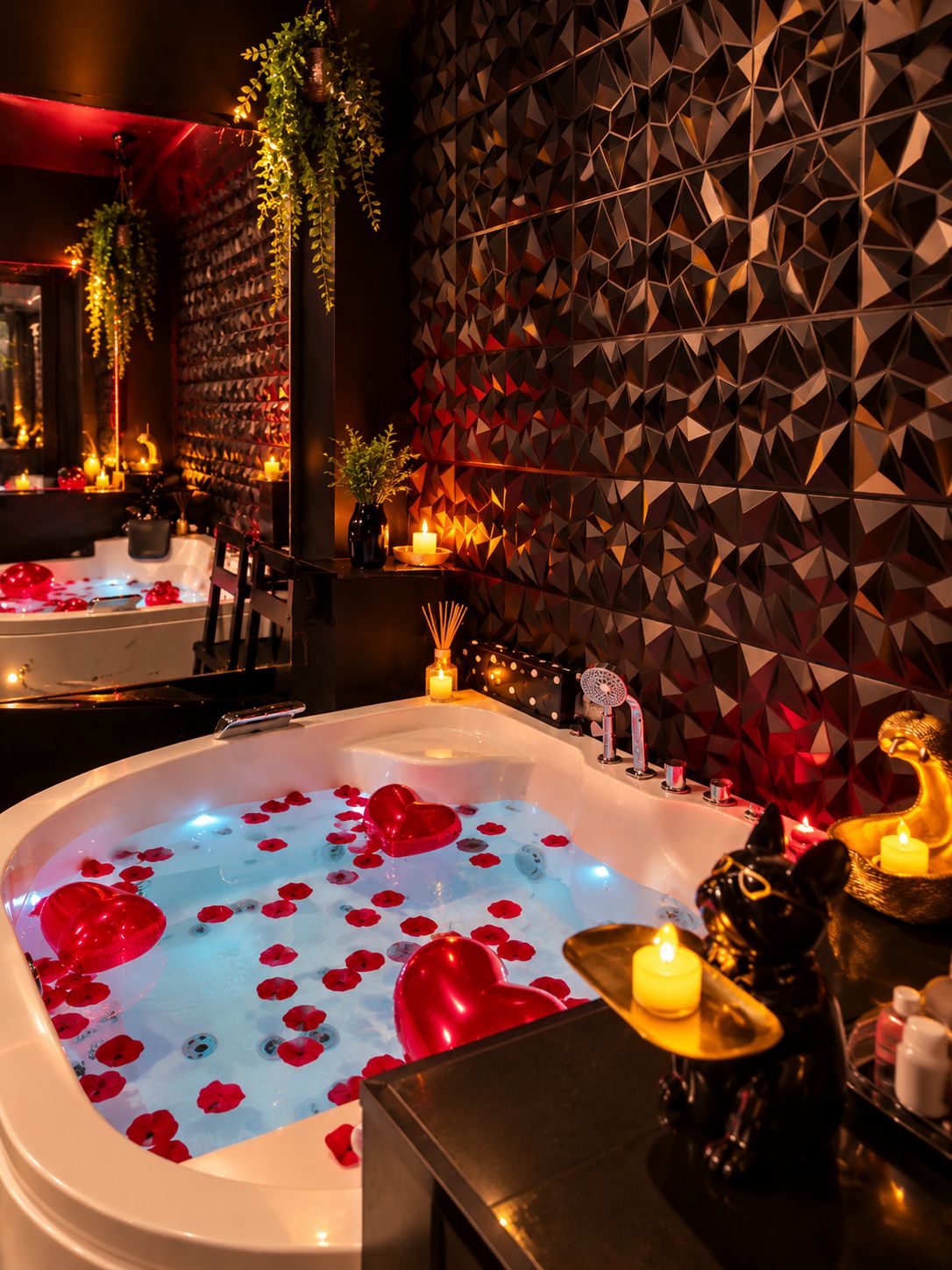 A spa room with a bathtub filled with water and rose petals, a wall with geometric patterns, and various spa amenities.