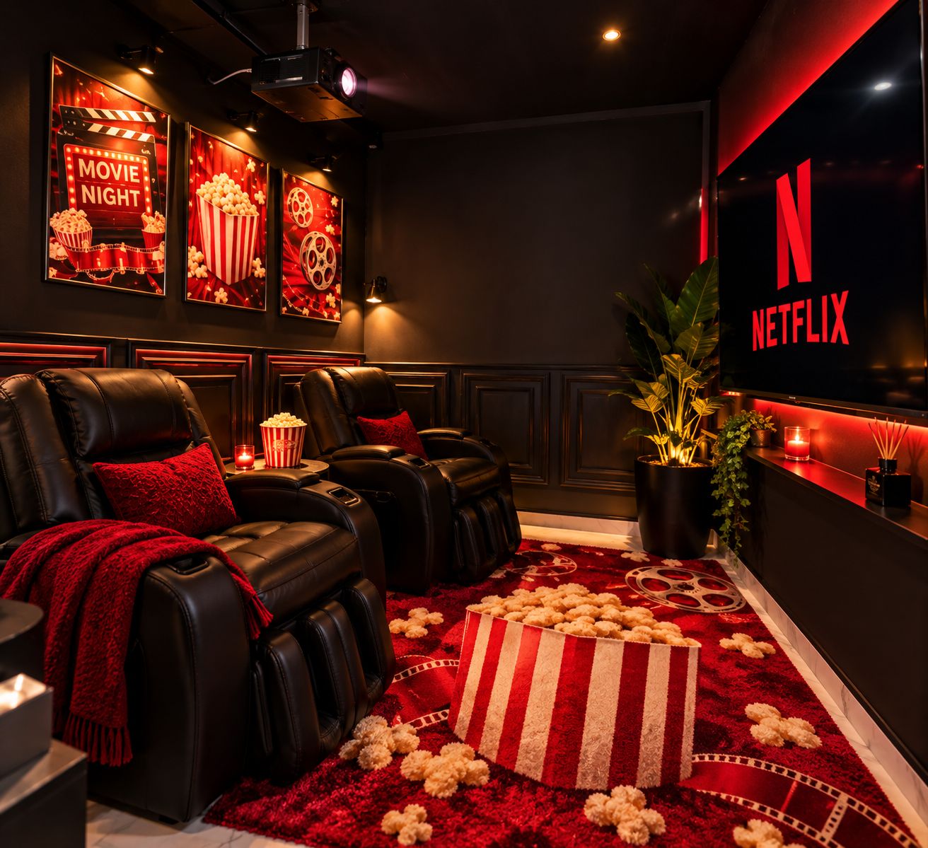 A cozy movie theater room with leather recliners, popcorn, and a Netflix sign.