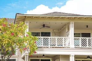 The spacious balcony offers panoramic views of the surrounding landscape, providing a perfect spot to take in the natural beauty and enjoy peaceful moments. - Hilton Pool Pass 2026-27 | Sunset Family Villa 3bd (Waikoloa Village)
