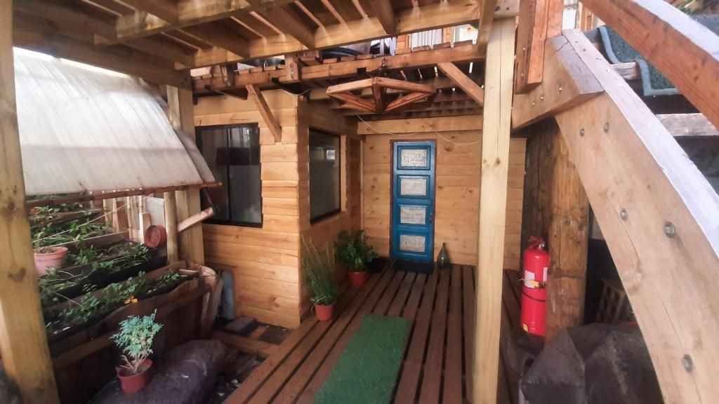 Una cabaña de madera con un tapete verde, plantas en macetas, una puerta azul y un extintor rojo.