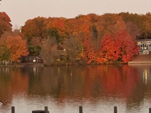 A body of water with trees reflecting on the surface, a dock in the foreground, and a building with lights on in the background. - Lake House 3-bedroom on lake Beseck Middlefield (Middlefield)