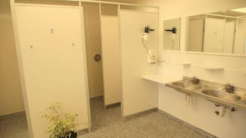 A public restroom with a mirror, two sinks, a potted plant, and a door.