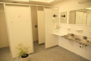 Baño público con espejo, dos lavamanos, una planta en maceta y una puerta.